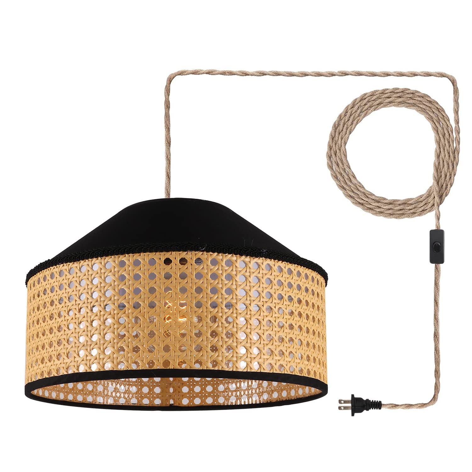 Photo 1 of Plug in Pendant Light Rattan Hanging Lamp with On/Off Switch 15 Ft Hemp Rope Black Fabric+Handwoven Rattan Lampshade,12“Hanging Light Fixture for Bedroom, Kitchen, Living Room