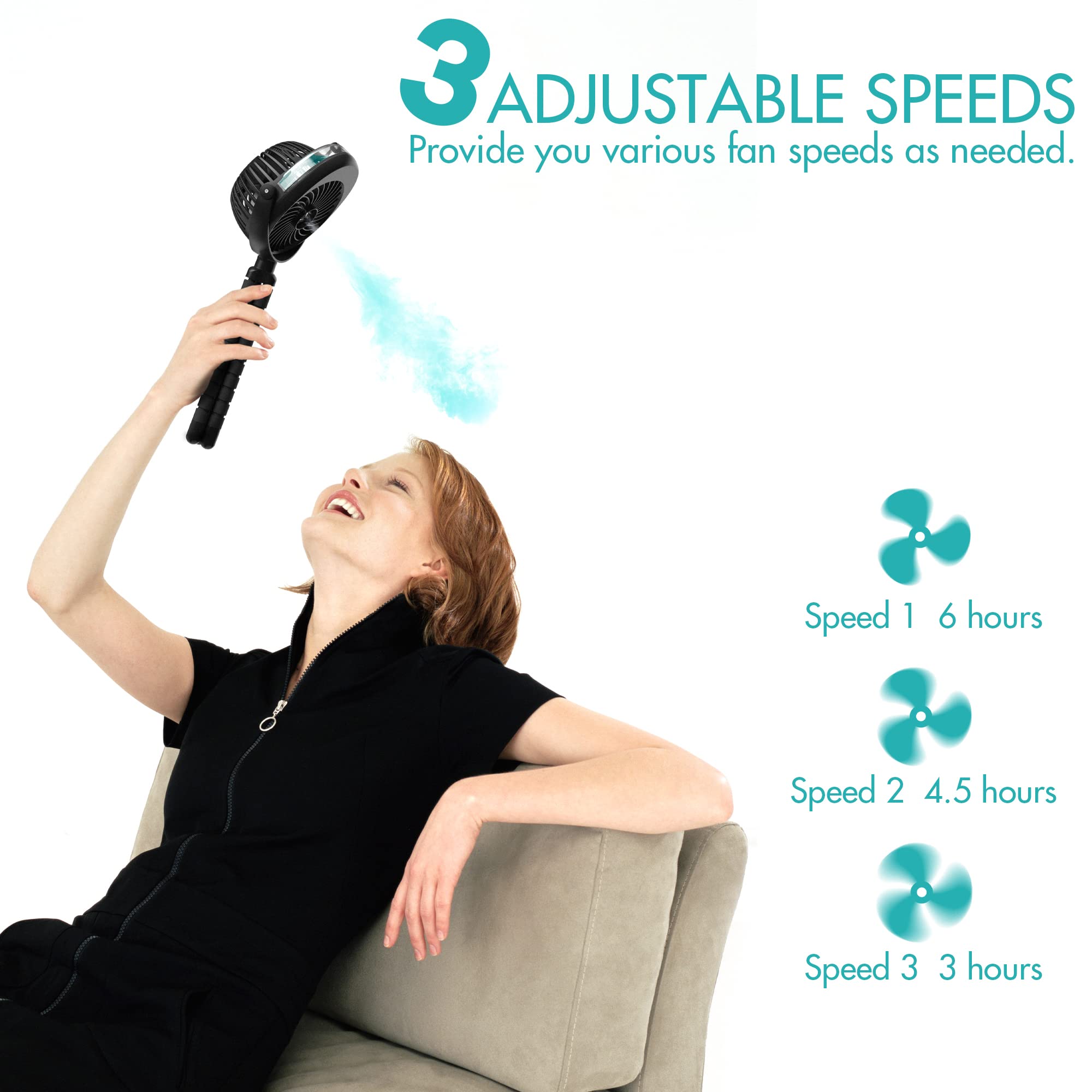 COMLIFE Misting Stroller Fan, 2500mAh Battery Powered Personal Desk Fan with Flexible Tripod, 3 Speed USB Fan for Stroller Office Camping,Black