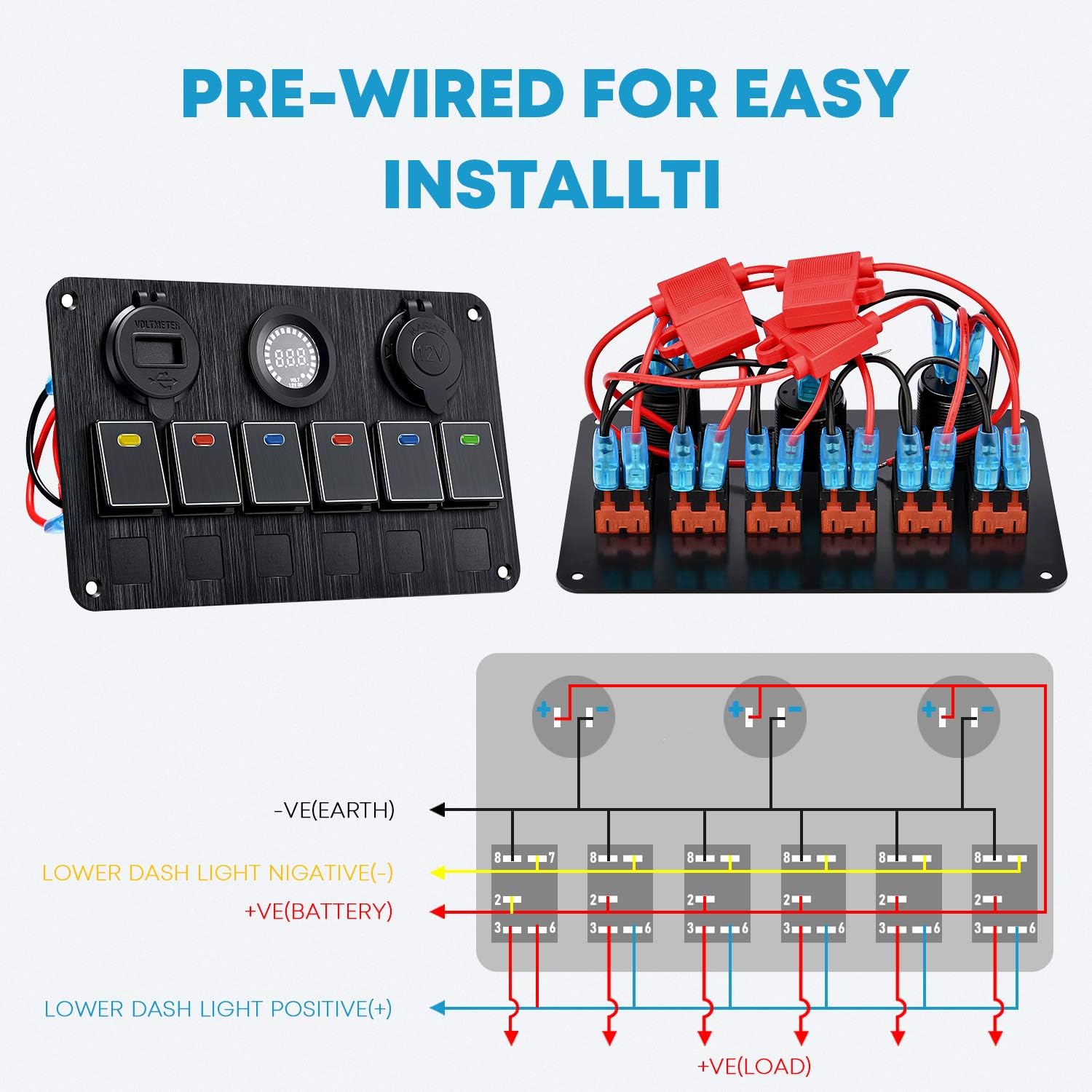 Kohree Upgrade 6 Gang Marine Boat Rocker Switch Panel, 12V Aluminum Waterproof Led Switch Panel for Car Truck Marine Boat, Digital Voltmeter Display Dual QC 3.0 USB Charger Port DC 12/24 Volt Socket: Sports & Outdoors