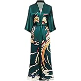 PRODESIGN Long Kimono Robe Satin Sleepwear Phoenix Handprinted Silky Nightgown Bathrobe Blouse Cardigan for Women