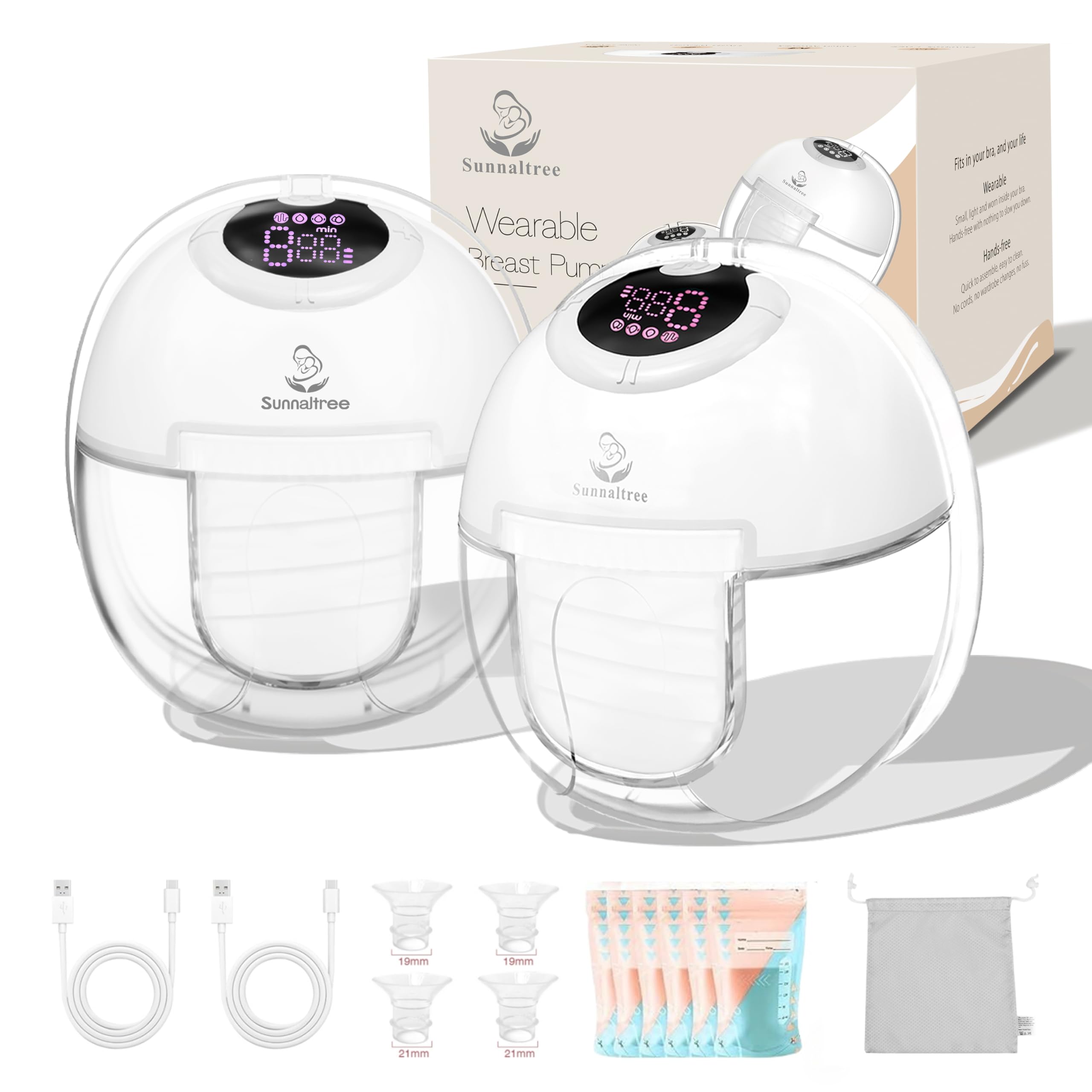 Photo 1 of Hands Free Breast Pump S32,Double Wearable Breast Pump,Wearable Breastfeeding Pump with 4 Modes,9 Levels,Painless Low Noise Touch Screen,19/21/24mm Insert/Flange,2 Pack White