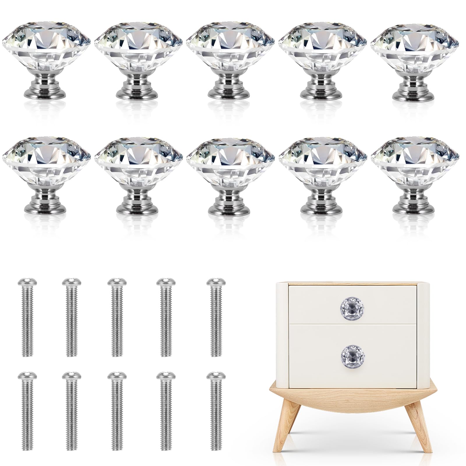 PZJFH 12 Pack Crystal Cabinet Handles with 2+2.5cm Screws Diamond Door Knobs for Cupboards & Draws Bathroom Cabinet, Office