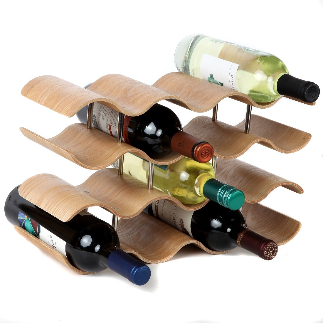 Lily's Home 14-Bottle Countertop Wine Rack for Kitchen, Modern Oak Wood Tabletop Wine Storage Holder, Display for Dining Room, Bar, Cabinet - Natural Finish