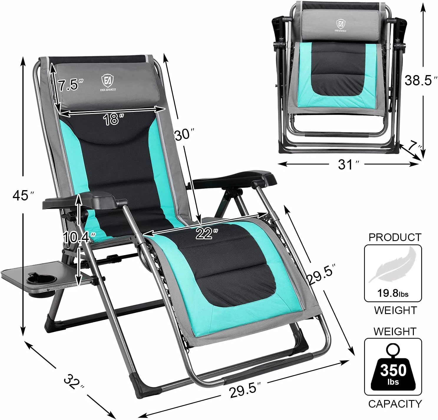 EVER ADVANCED Oversize XL Zero Gravity Recliner Padded Patio Lounger Chair with Adjustable Headrest Support 350lbs (Green) : Garden & Outdoor