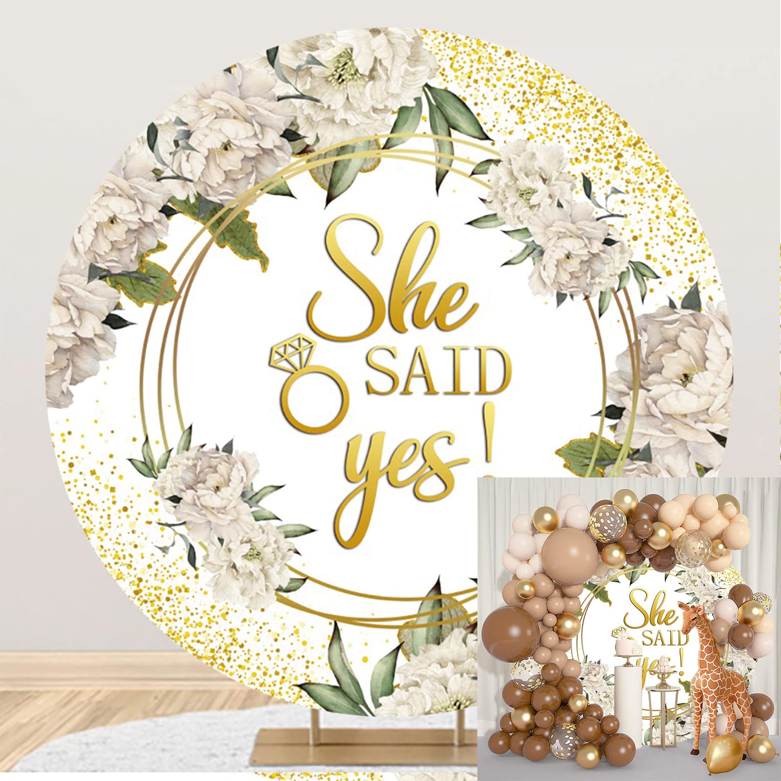 Bovlleetd 7X7ft SHE SAID YES Round Backdrop Romantic Wedding Proposal Photography Background Props Peony Flower Gold Diamond Ring Circle Backdrops Party Decoration Props