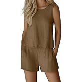 Ficerd Womens 2 Piece Summer Linen Outfits Short Sets Round Neck Sleeveless Tank Top Elastic High Waisted Shorts with Pockets(Khaki,Large)