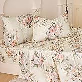 Huborise Silky Floral Bed Sheets King Size Cream 100% Cotton Blush Pink Rose Printed Sheet Set, Satin Weave Cooling Sheets for Hot Sleepers, Soft Luxury Shabby Vintage Deep Pocket Fitted Sheets 4Pcs