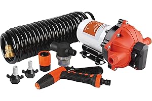 SEAFLO 55-Series Washdown Pump Kit - 12V DC, 5.5 GPM, 70 PSI, Self-Priming, Coiled Hose, Spray Nozzle, High Flow for RV, Boat, Off-Grid, Freshwater, and Saltwater Applications 4-Year Warranty