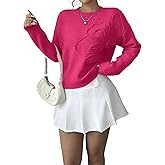 Verdusa Women's Fall 3D Flower Appliques Crewneck Sweaters Long Sleeve Drop Shoulder Pullovers Elegant Knit Tops Hot Pink Small