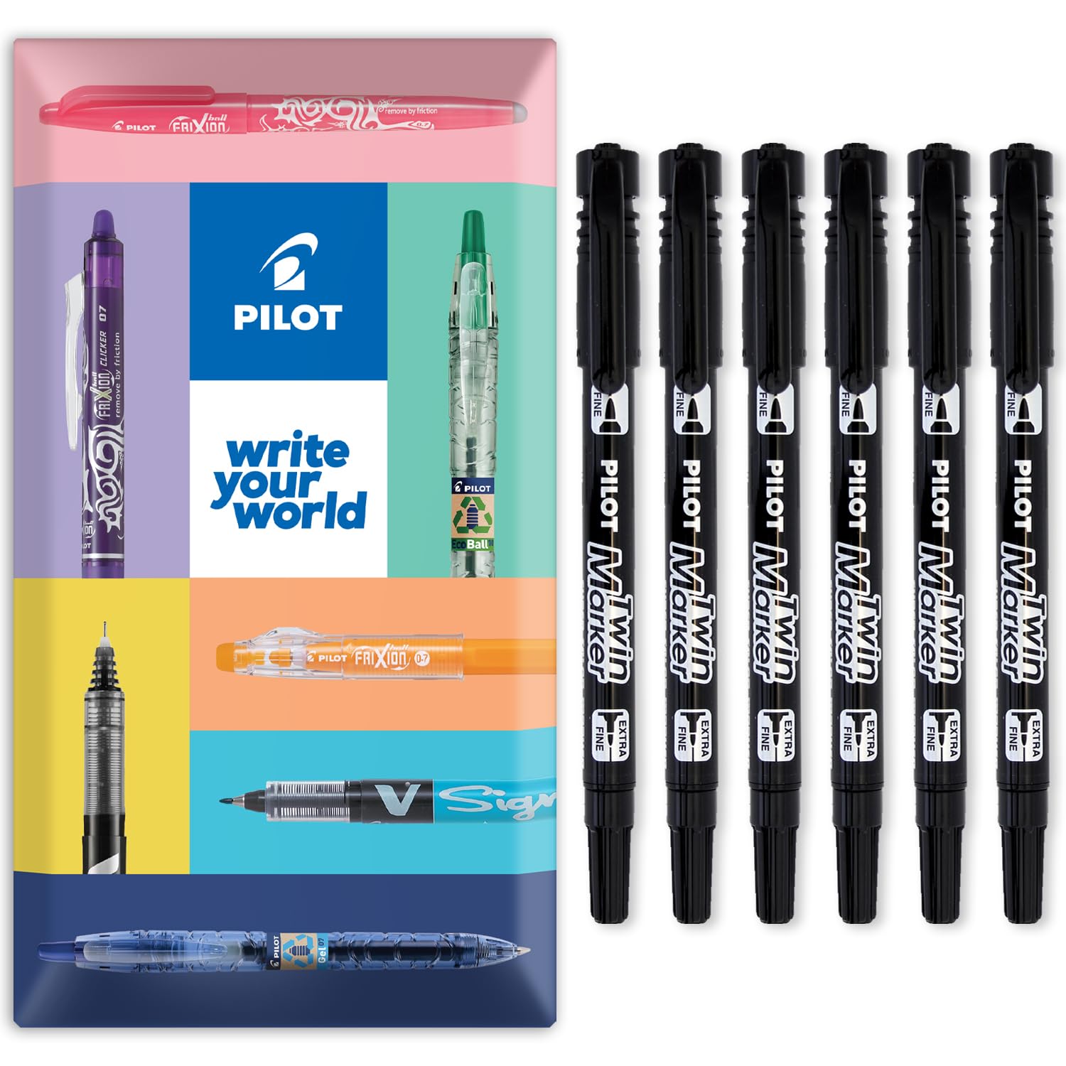 PILOT Twin Marker Pen - Permanent 2-in1 Markers - Fine & Extra Fine Dual Tips - 76% Recycled Begreen Range - In Envelope Gift Packaging (Black, 6 Pack)