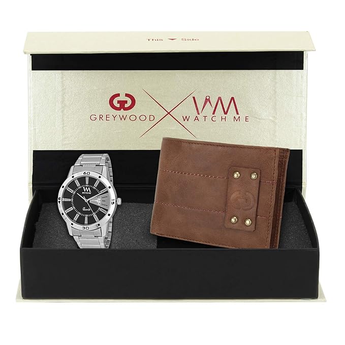 Watch Me X Greywood Mens Tan Leather Wallet & Day Date Analog Watch Combo Gift Set WMGW-009-DDWM-017p4