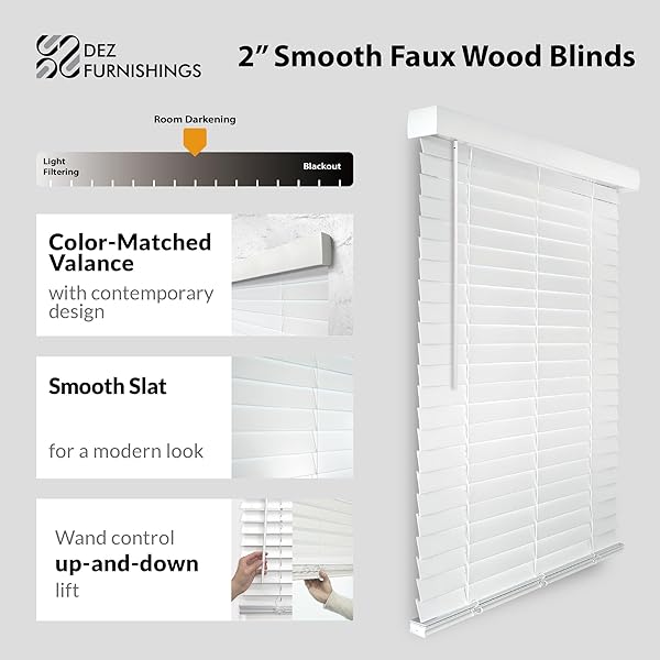 DEZ FURNISHINGS CORDLESS 2″ SMOOTH FAUX WOOD BLIND, 24″ W X 48″ H, SMOOTH WHITE