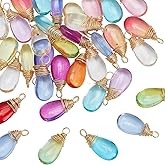 SOFPLATE 1 Box 50Pcs Teardrop Dangle Charms Colored Crystal Charms Assorted Glass Water Drop Random Smooth Brass Copper Wire Small Pendants Findings for DIY Necklaces Earrings Jewelry Making Crafts