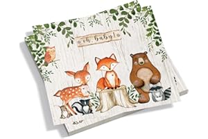 Yuzioey 100 Pcs Woodland Baby Shower Napkins, Forest Animals Baby Shower Disposable Paper Napkins, Woodland Theme Baby Shower Supplies Party Napkins, Woodland Baby Shower Decorations 6.5" x 6.5"