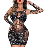 Aswitnove Women Sexy Fishnet Dress Sparkle Rhinestone Babydoll Bodysuit Elastic Plus Size Lingerie Outfit