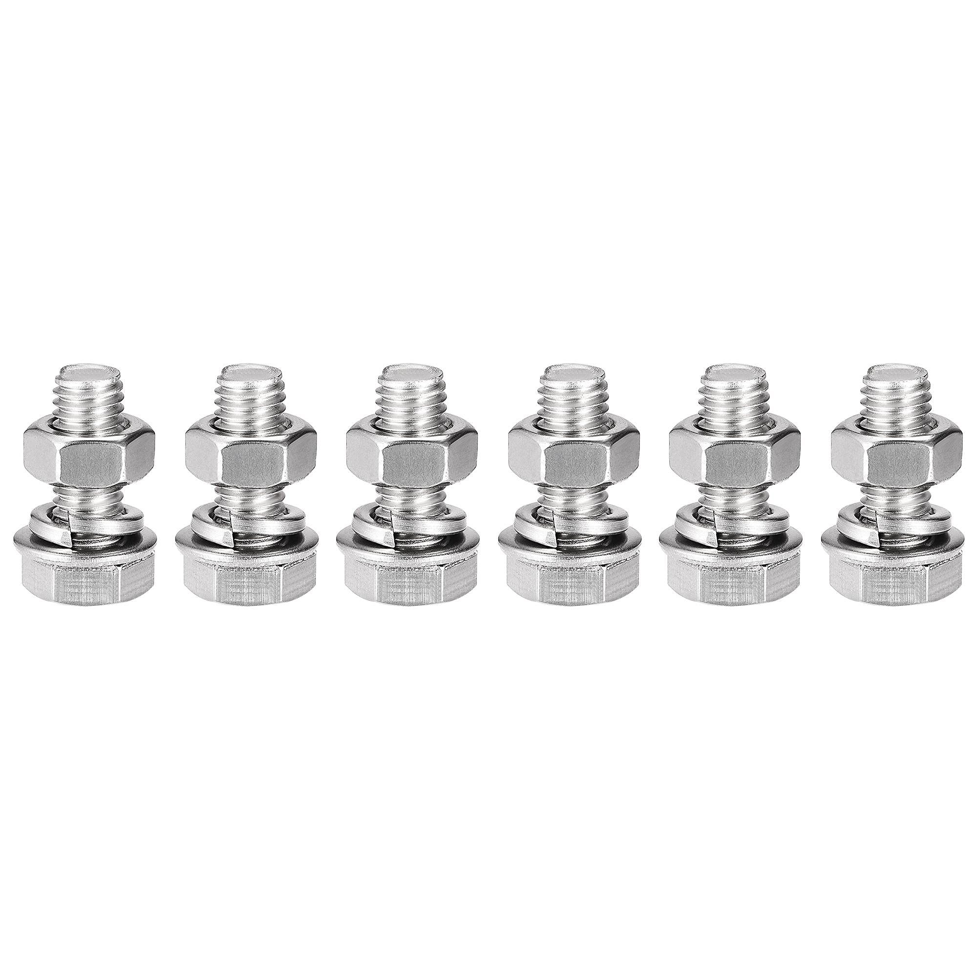 sourcing map M8 x 20mm Hex Head Screws Bolts, Nuts, Flat & Lock Washers Kits, 304 Stainless Steel Fully Thread Hexagon Bolts 6 Sets