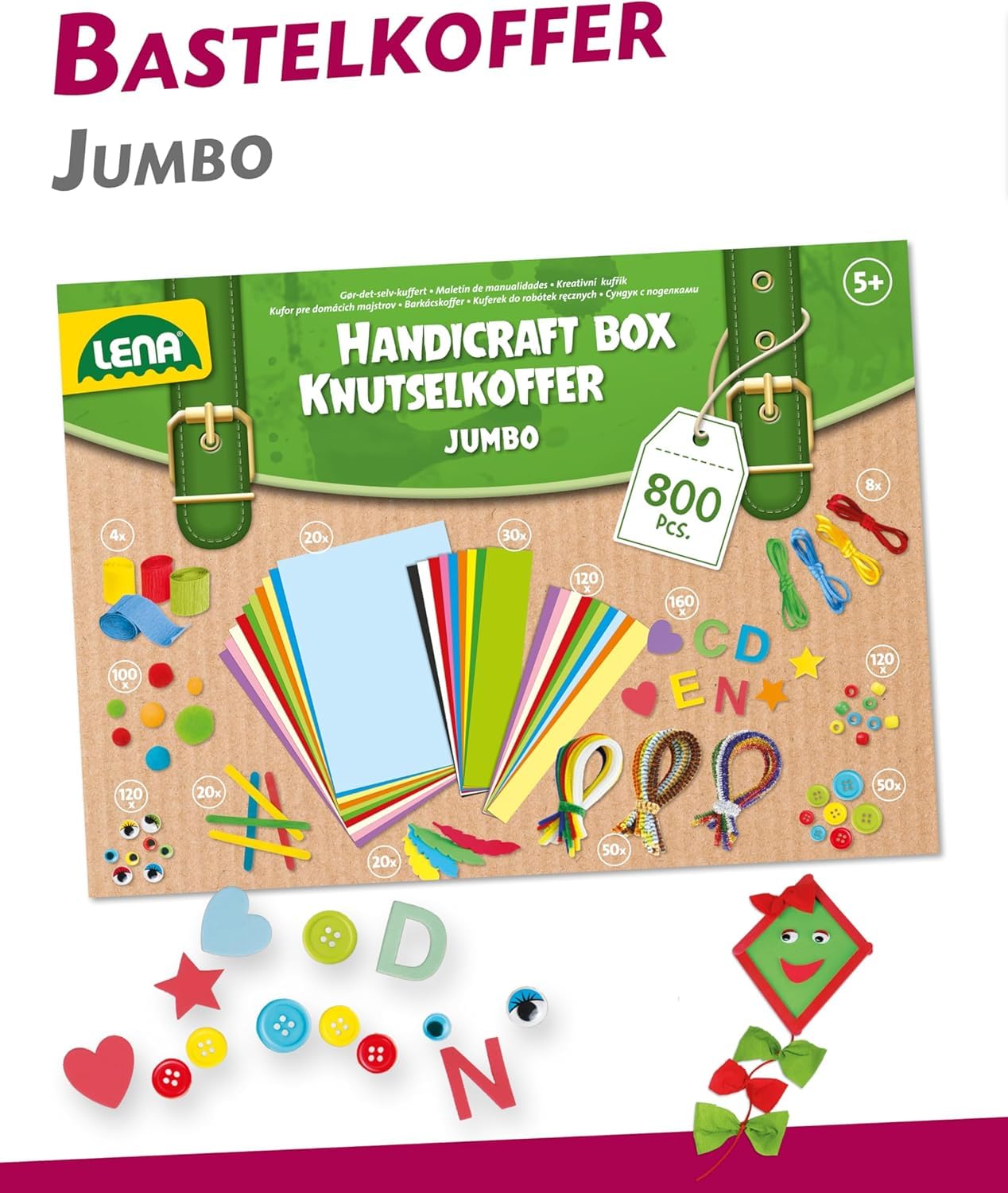 Lena Jumbo Bastelkoffer mit 800 Teilen, Bastelset bestehend aus Papier, Moosgummi, Pfeifenreiniger, Strasssteine, Wackelaugen, Pompons und Knöpfe, in bunten Farben, geeignet für Kinder ab 5 Jahren 4