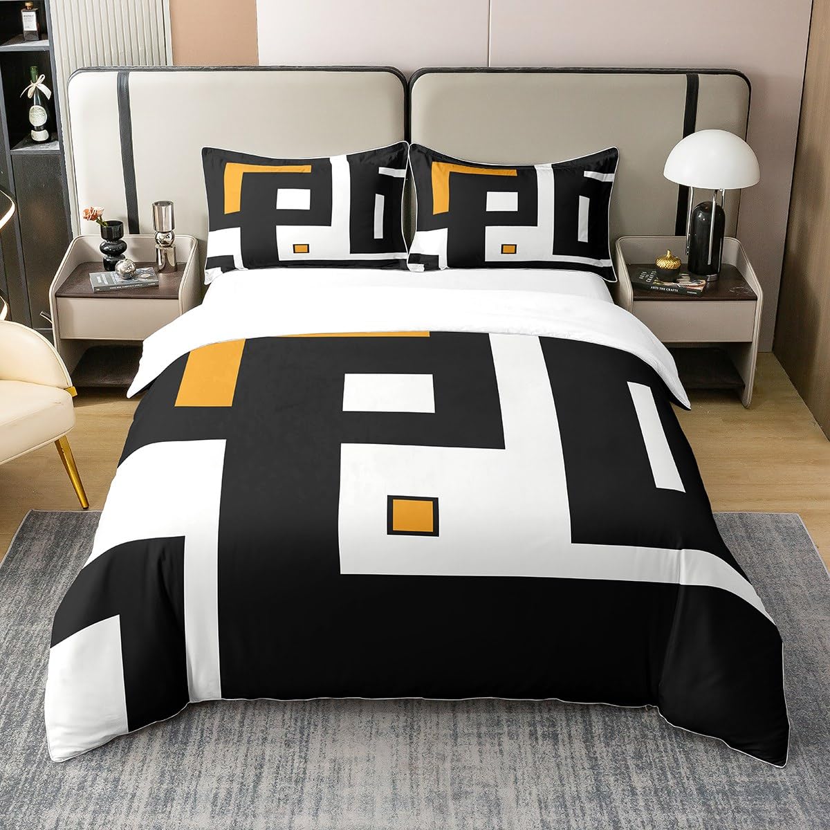 Geometric Bedding,Modern Stripes Square Grid 100% Cotton Duvet Cover King,Black White Orange Graphic Comforter Cover for Kids Boys Girls Abstract Creative Art Bed Sets with 2 Pillowcases