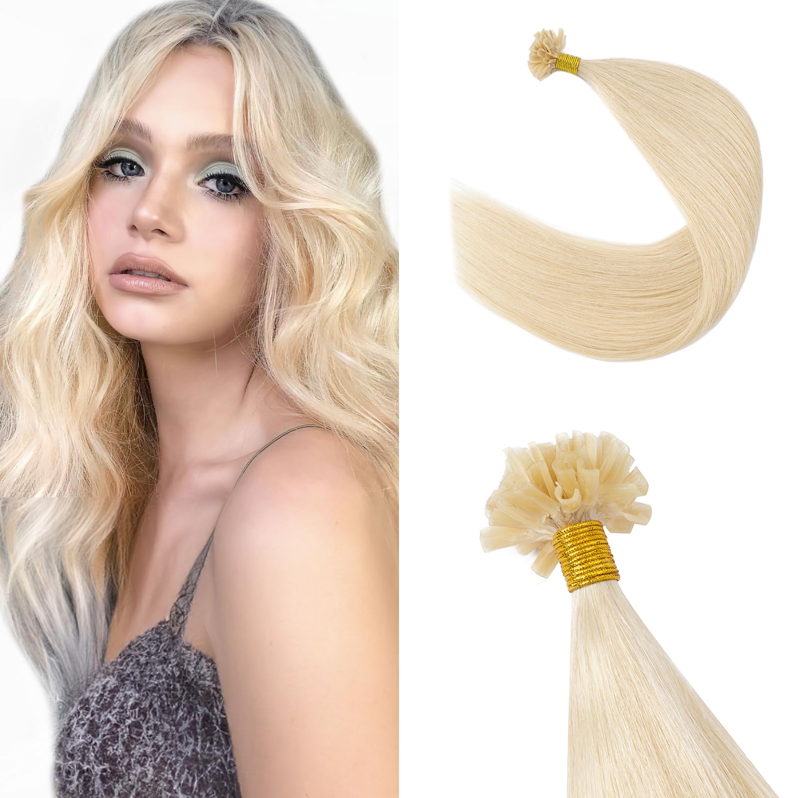 Silk-co U Tip Pre Bonded Hair Extensions Strands Keratin Nail Tip Straight Human Hair Extensions U tip Real Remy Hair 50 Strands Keratin Nail Til 16"-50g #60 Platinum Blonde