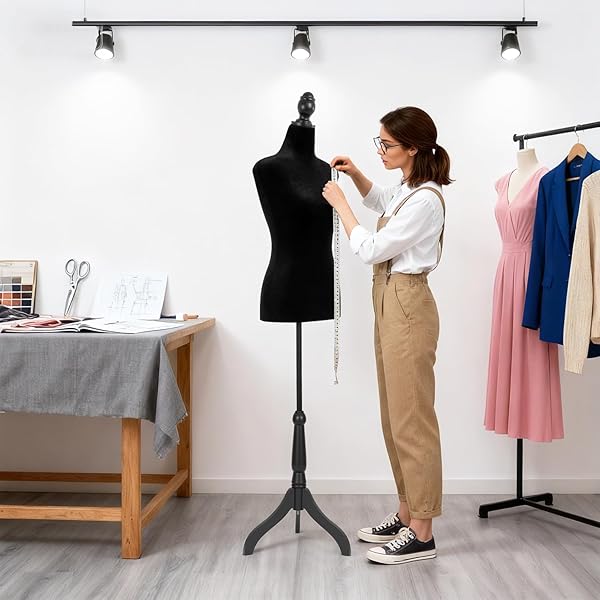 MANNEQUIN BODY DRESS FORM TORSO FEMALE MANIKIN 49.6-63.4 INCH HEIGHT ADJUSTABLE WOODEN TRIPOD STAND HIGH DENSITY FOAM PORTABLE DISPLAY MANNEQUIN (BLACK)