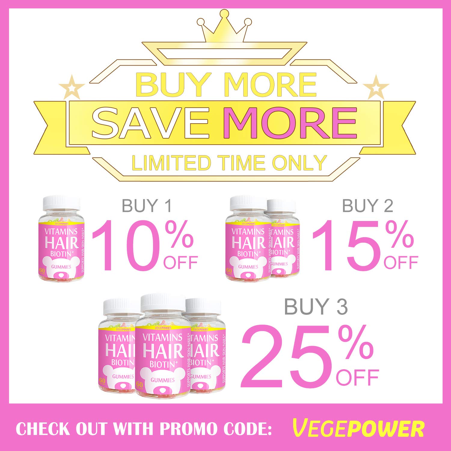 VegePower Hair Skin and Nails Vitamin Gummies-Biotin 10,000mcg [Highest Potency] for Hair Growth-Vegan Hair Bear Gummy for Women & Men,Non-GMO,Gluten-Free,Hair Thicken Supplement