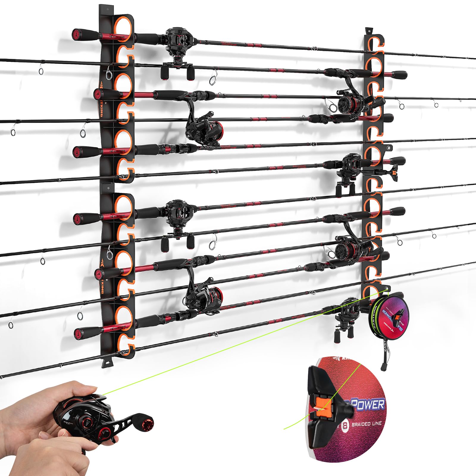 KastKing SafeGuard LS Horizontal Fishing Rod Rack with Line Spooler – Wall or Ceiling Mount, Holds 12 Rods & Combos, No-Twist Fishing Rod Holder with Spooler & Cutter (Spinning & Baitcasting) Image