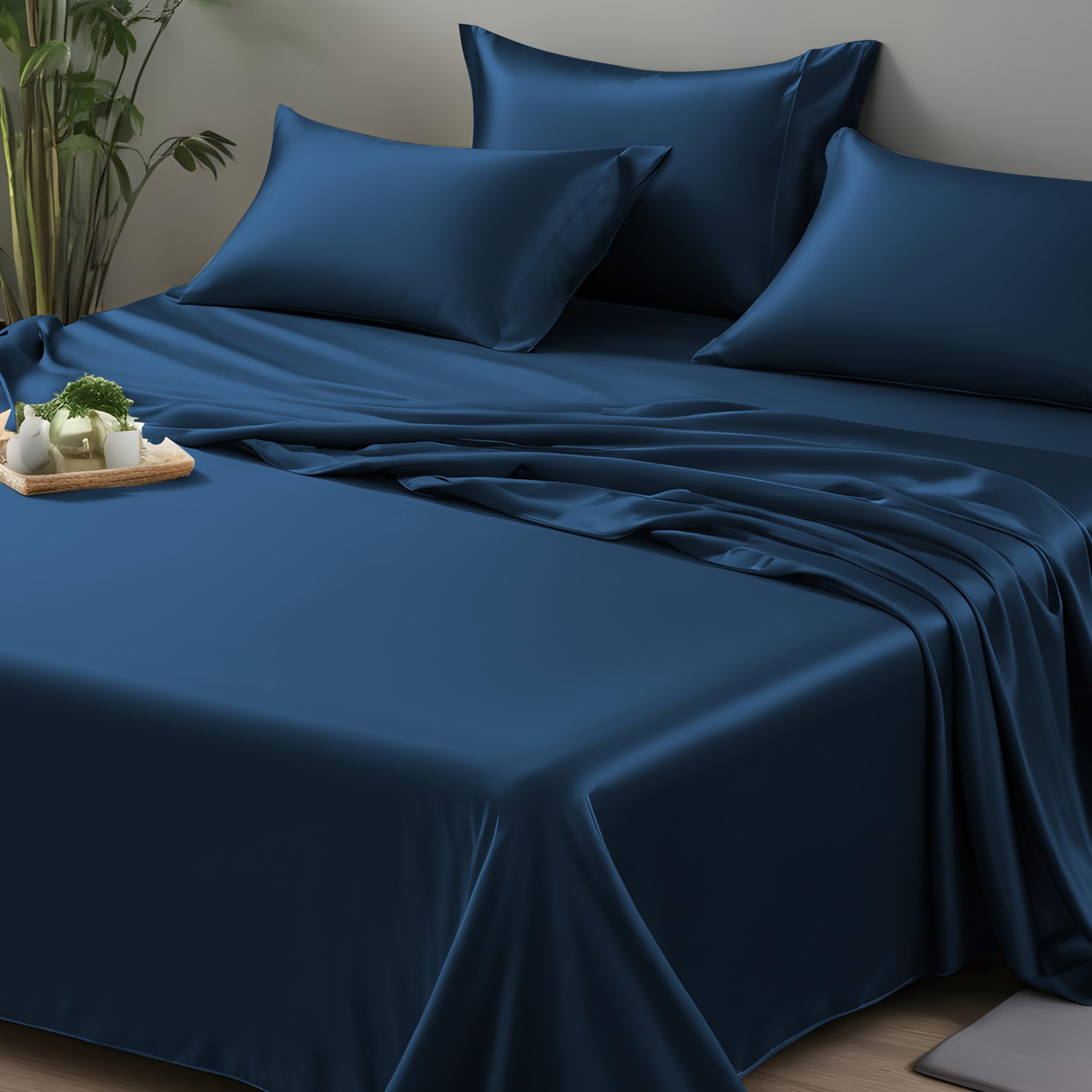 Photo 1 of LINENWALAS King Flat Sheet Only - Rayon Derived from Bamboo Silk Bed Sheet, Premium Breathable Cooling Sheet, Soft Top Sheet (King, Navy Blue)