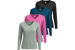Real Essentials 4 Pack: Women's Long Sleeve Dry Fit V-Neck T-Shirt - Active Athletic Workout Gym Top (Plus Available)