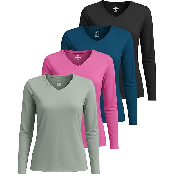 Real Essentials 4 Pack: Women's Cotton Long Sleeve V-Neck T-Shirts
