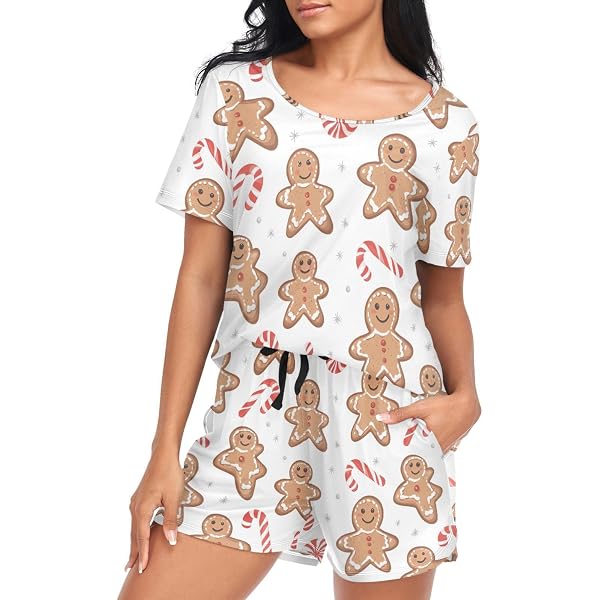KLL Christmas Gingerbread Houses Pajama Set - Women's Short Sleeve PJs With Shorts - View #3