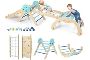Costzon Pikler Triangle Set, 9-in-1 Foldable Baby Climbing Toys, Wood Montessori Climbing Set, Indoor Playground Jungle Gym f
