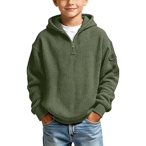 Waffle Knit Hoodies for Boy Fall Long Sleeve Quarter Zip Hooded Sweatshirt Teens Pullover Tops with Pocket