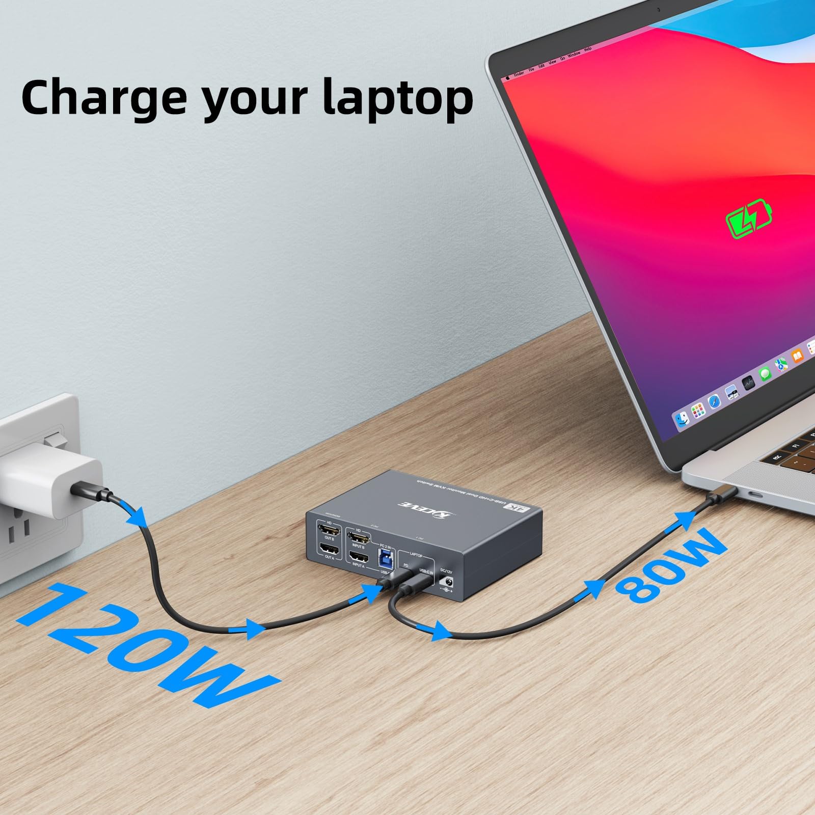 KVM Switch 2 PC 2 Monitore für 1 Laptop und 1 Desktop 4K@60Hz,USB C HDMI Dual Monitor KVM-Switches mit 4 USB 3.0 Port,80W PD Aufladung,USB-C Kabel,Verdrahtete Fernbedienung und 12V Netzteil Inklusive 8