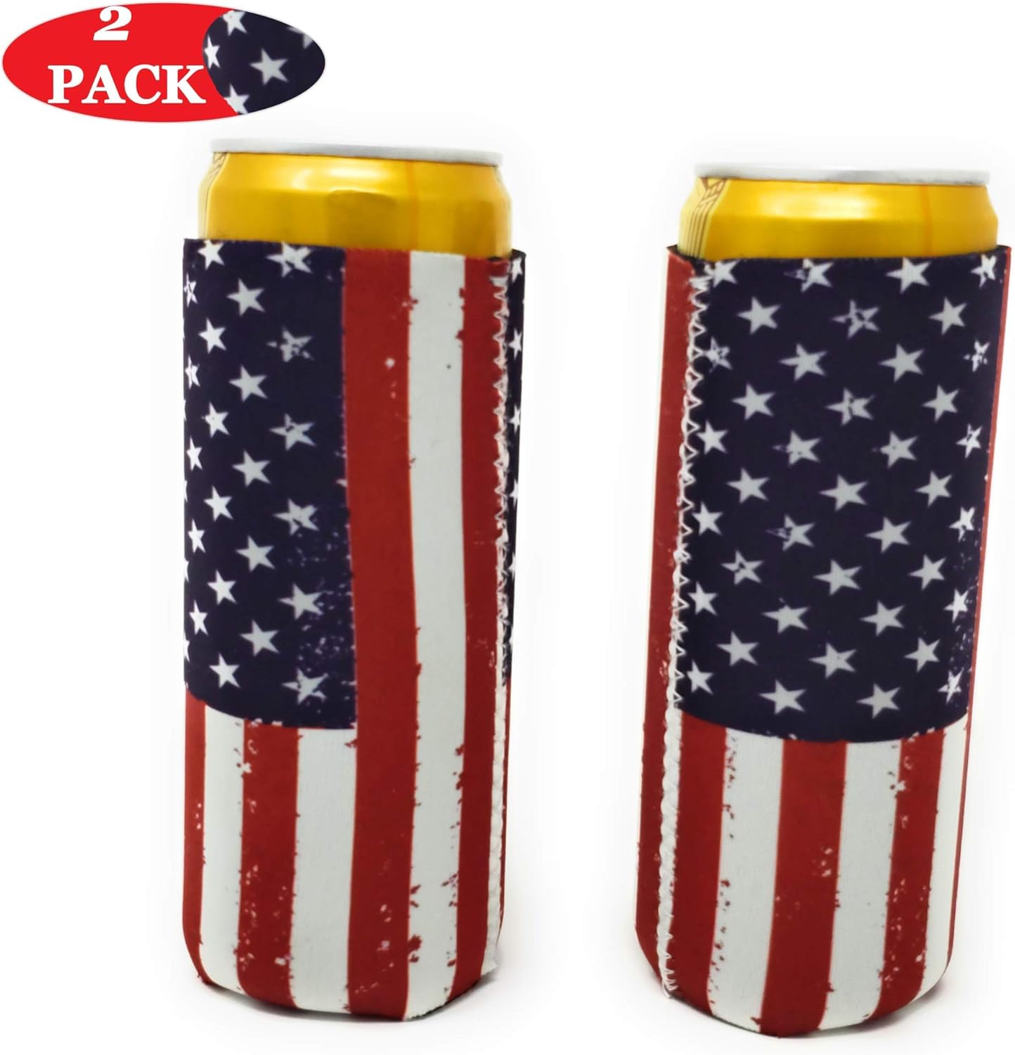 2 Pcs Slim Can Cooler- Amercian Flag Neoprene Coozies For 12 Oz Tall Slim Cans, Skinny Can Cooler Sleeve, Suitable For All 12 Oz Metal Slim Cans Like White Claw, Red Bull, Michelob Ultra