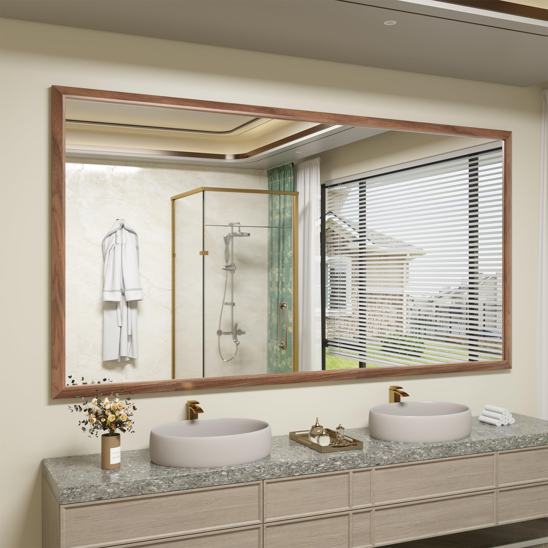 Photo 1 of ***FACTORY SEALED*** SMIROR 66 x 36 Inch Rustic Bathroom Mirror for Over Sink, Brown Walnut Metal Framed Farmhouse Rectangle Vanity Mirrors for Wall, Wooden Grain, Thick Frame, (Horizontally/Vertically)