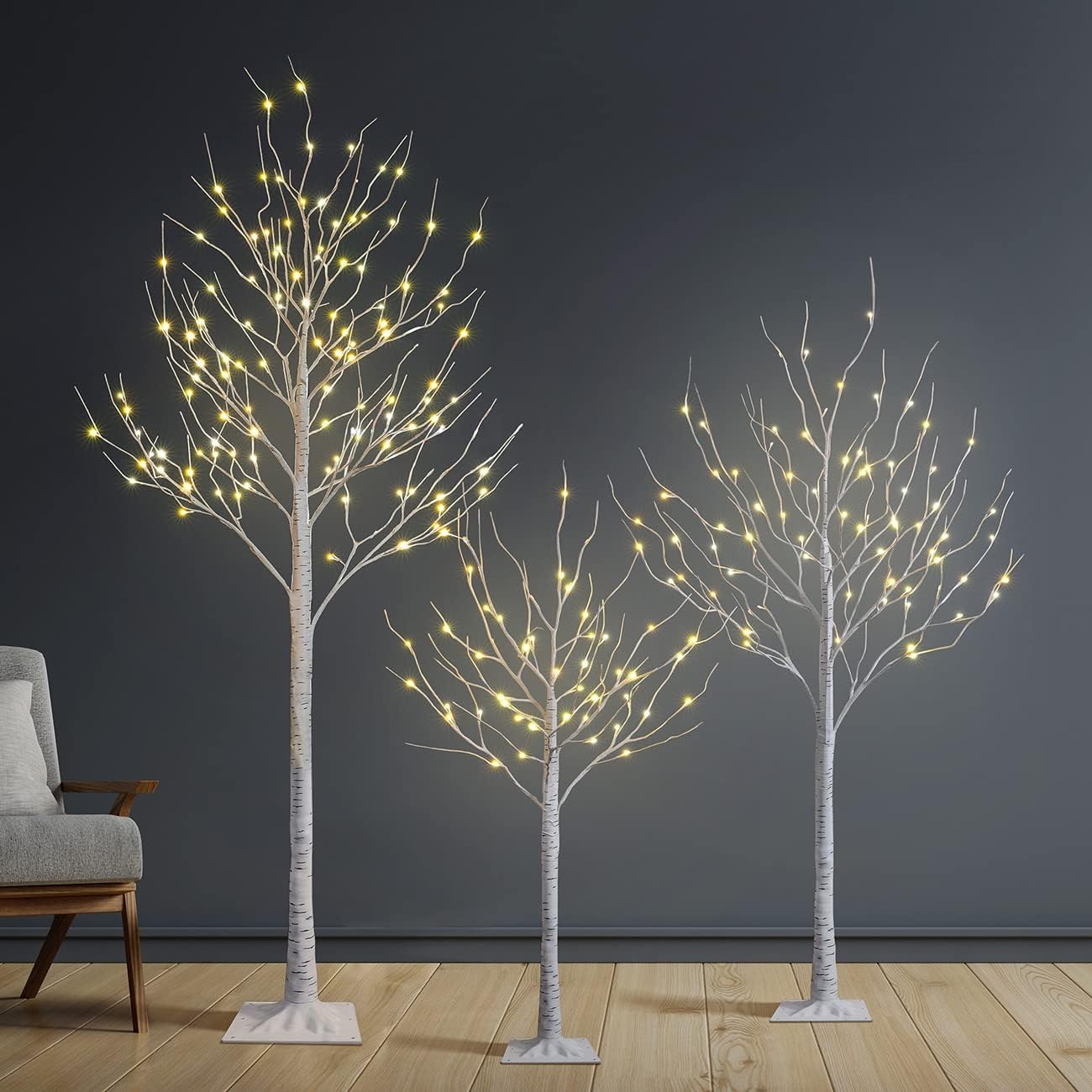 Trees - Set of 3 Lighted Birch Tree 4FT 6FT and 8FT LED Artificial Tree for Decoration Inside and Outside, Home Patio Wedding Festival Christmas Decor, Warm White