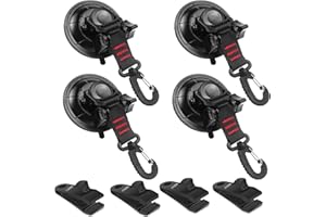 Vashly Heavy Duty Suction Cup Anchor 4pcs Strong Suction Cups with Hooks and 4pcs Tarp Clips Deavy Duty Lock Grip for Tie Down Car Awning Boat Camping Trap
