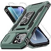 DEERLAMN Case for iPhone 14 Plus with Slide Camera Cover+Screen Protector(1 Pack), Rotated Ring Kickstand Military Grade Shockproof Protective Cover 6.7 Inch-Green
