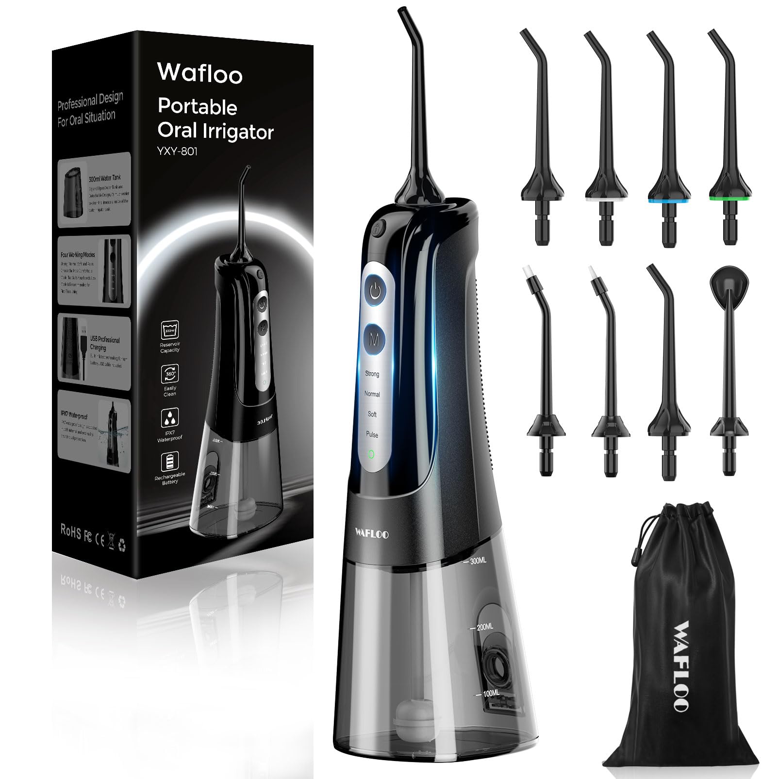 WAFLOO Water Flosser for Teeth Cordless: 8 Jet Tips 4 Modes Oral Irrigator Portable, 300ML Tank Rechargeable IPX7 Waterproof Water Flossing for Adults Teeth Cleaning Home and Travel
