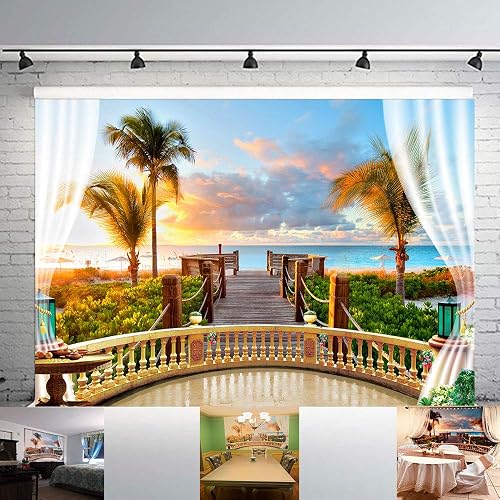 PHMOJEN 7X5ft Tropical Seaside Photography Backdrop Balcony Wood Bridge Vinyl Background Theme Wedding Birthday Party Backdrop Studio Props GEPH015