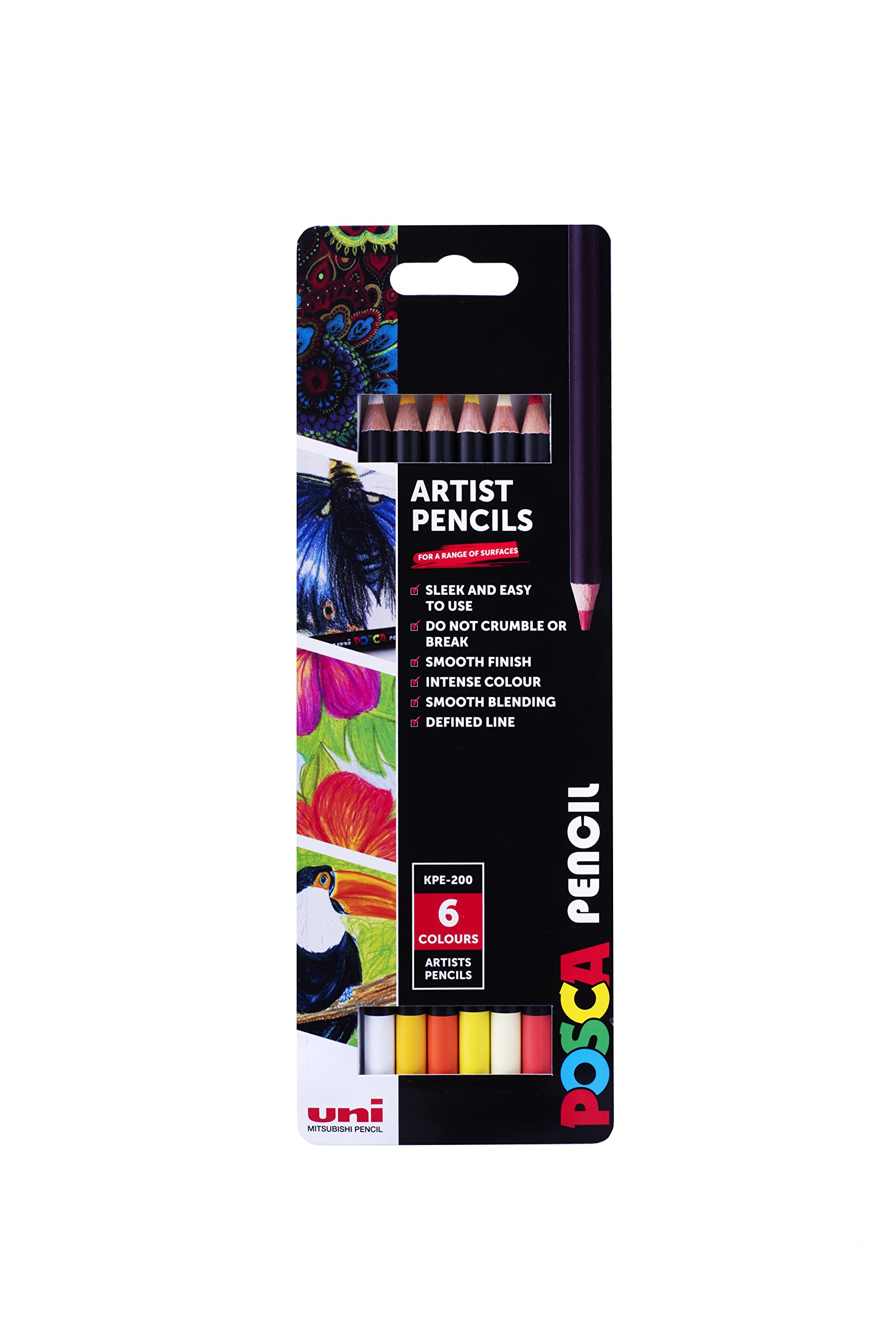 POSCA KPE-200 Oil and Wax Colouring Pencils. Premium Tough Nib for Arts and Crafts. Multi Surface Use On Wood, Fabric, Paper, Cardboard, & Canvas. Perfect for Creative Drawing. Set of 6 Sunny Colours