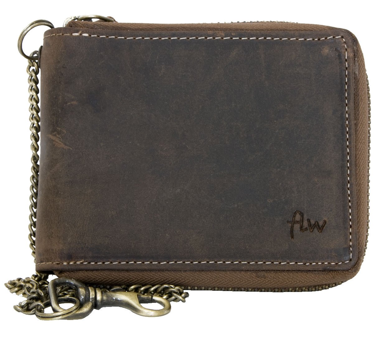 FLW Men's Natural Strong Genuine Leather Wallet with Metal Zipper Around and a Chain
