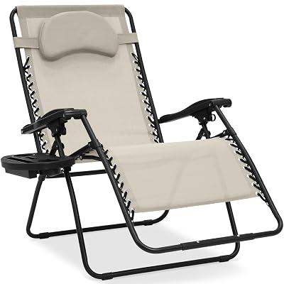 Best Choice Products Oversized Zero Gravity Chair, Folding Outdoor Patio Lounge Recliner w/Cup Holder Accessory Tray, Pillow - Ivory