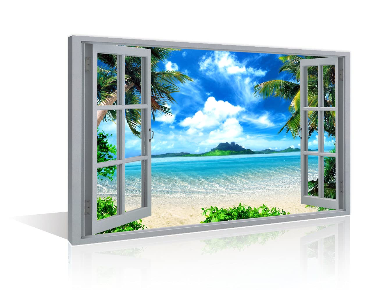 TISHIRON 3D Window Beach View Effect Wall Decorations For Home Modern Decor Painting Pictures Print On Canvas Wall Art Wooden Frame Ready To Hang(12X8in)