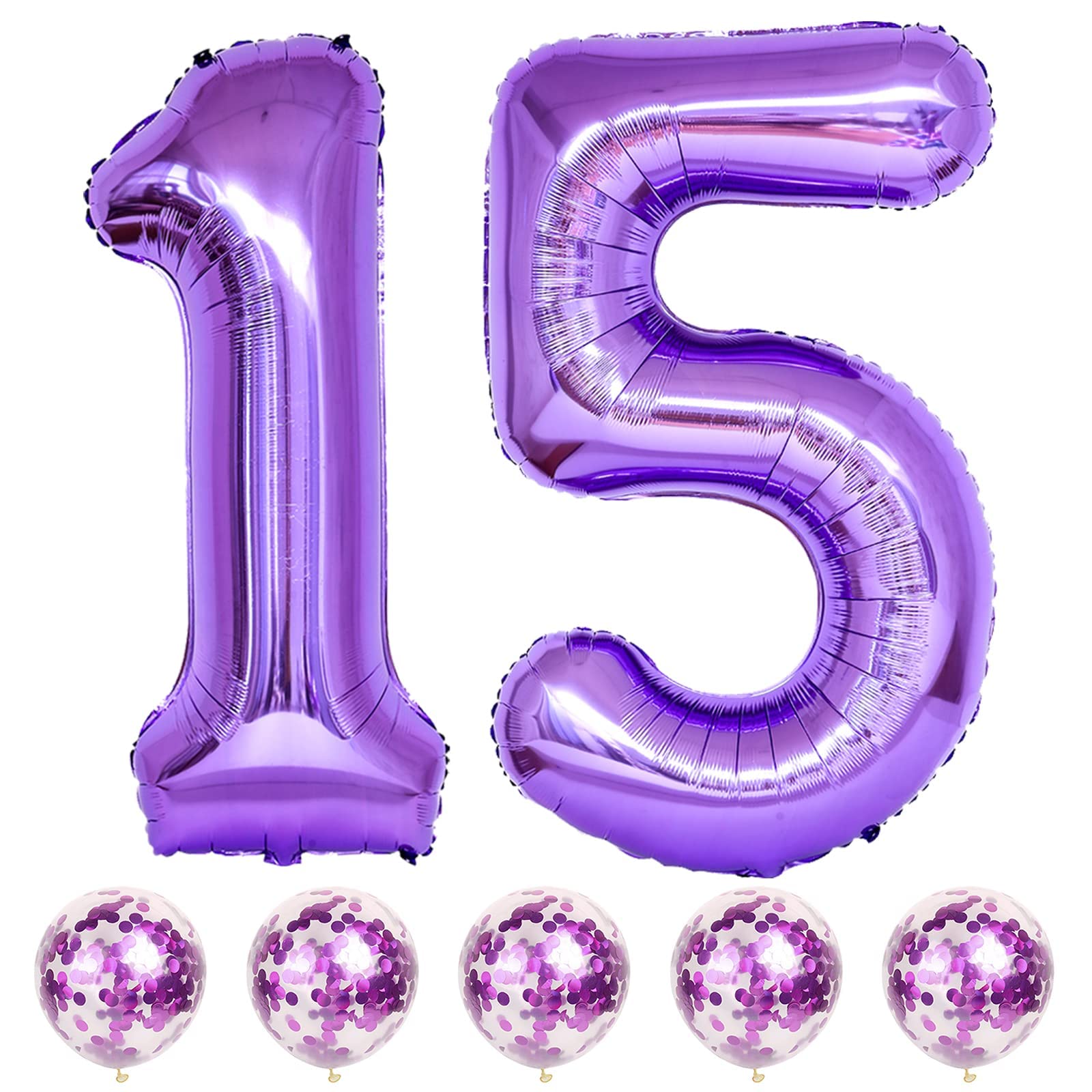15th Birthday Giant Purple Foil Number 15 with Confetti Balloon Kit - 15 Inch Digit 1 & 5 Helium Decorations for Girls, Boys, Women, Men, Anniversary Party