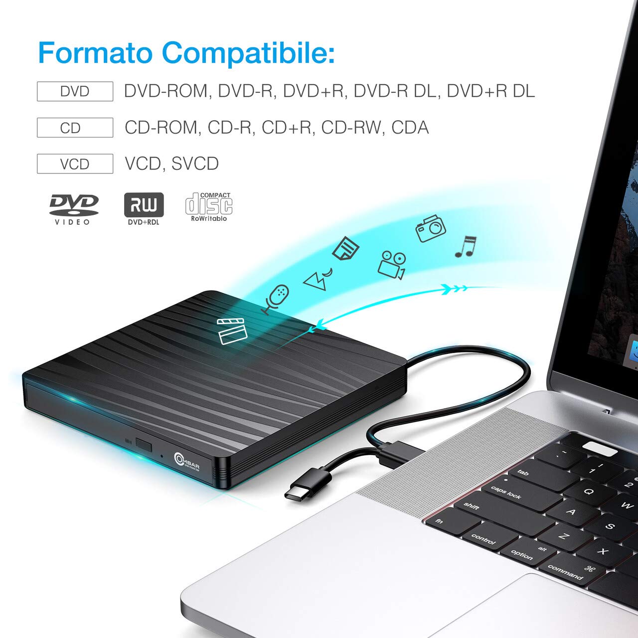 OMBAR Unità Ottica Esterna CD DVD , USB 3.0 e Tipo-C Dual Port Adatto per Laptop, Desktop, Mac, Macbook, IOS, Windows 10/8.1/7 e Linux, Nero