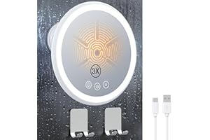 Gospire 3X Magnifying Heated Shower Mirror Fogless for Shaving, 5000mAh Battery, 360° Swivel & Magnetic Design, 8.3” Anti-Fog Shower Shaving Mirror with 3 Color Lights, Includes 2PCS Adhesive Hooks