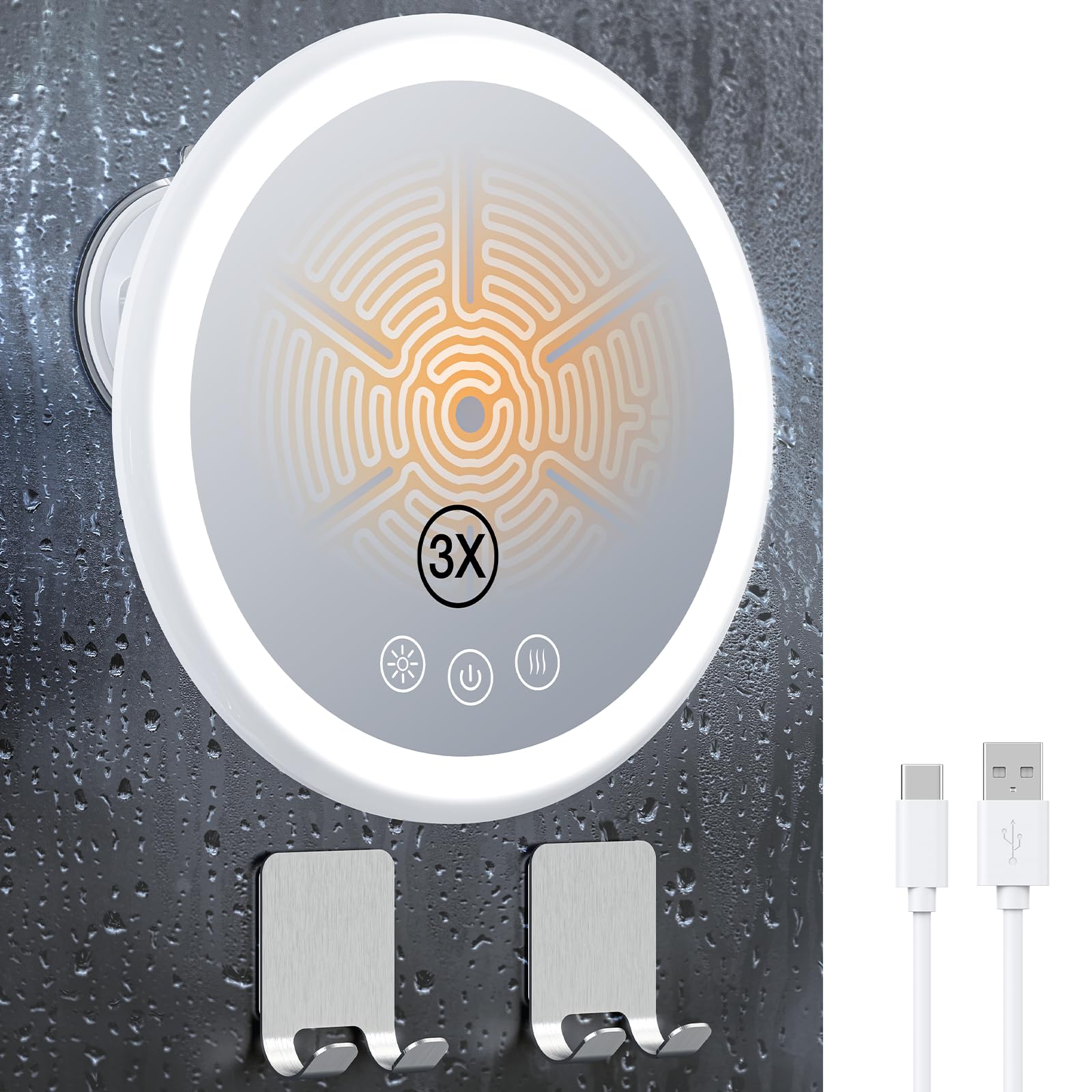 Photo 1 of Gospire 3X Magnifying Heated Shower Mirror Fogless for Shaving, 5000mAh Battery, 360° Swivel & Magnetic Design, 8.3” Anti-Fog Shower Shaving Mirror with 3 Color Lights, Includes 2PCS Adhesive Hooks