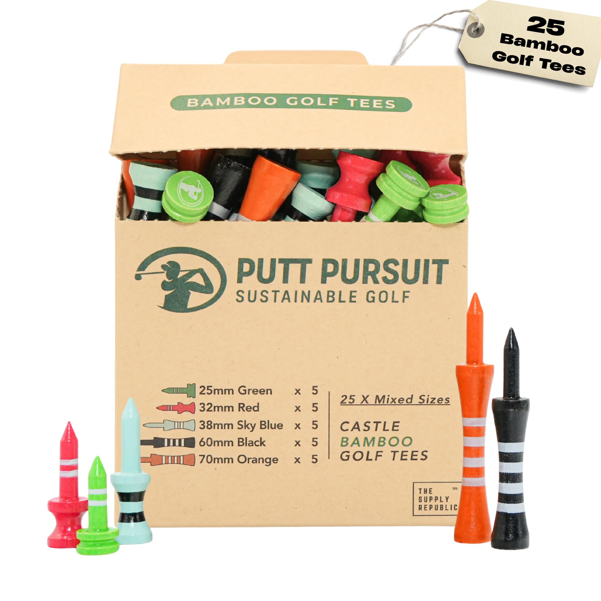 Mixed Castle Bamboo Golf Tees - Biodegradable, Sustainable Golf Tees Bamboo Material - Golf Accessories - Golf Tees Wooden - 30 Non Plastic Golf Tees Multiple Sizes (25mm Green to 70mm Orange Colours)