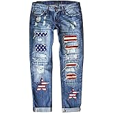 Astylish Womens Plaid Patch Ripped Boyfriend Distressed Stretch Skinny Denim Jeans